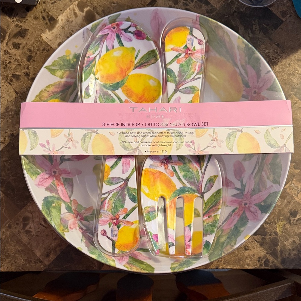 Tahari Yellow Lemon & Pink Floral Salad Bowl Set